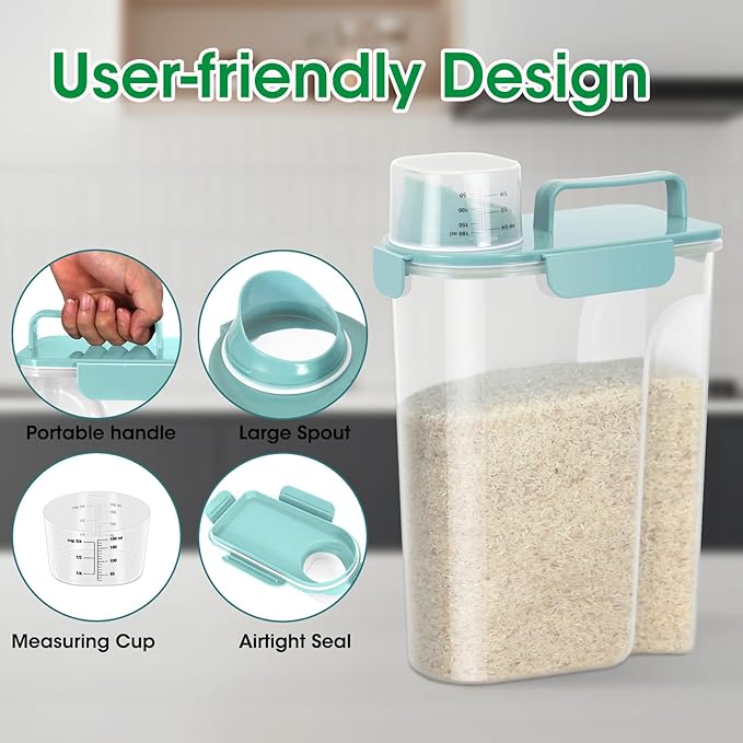 TBMax Airtight Rice Container 10 Lbs Cereal Dispenser, Small Pet Cat Dog Food Storage Container, Plastic Kitchen Pantry Food Storage Holder with Cup -Light Blue