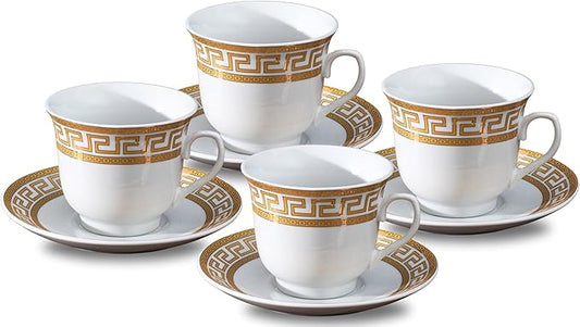 Porcelain Tea Set 8 Piece - White with Gold Greek Key Design - 5.5 Inch Saucers, 6.5 oz Cups - Perfect for Parties, Cappuccino, Black Tea, Vintage Home Decor (Meander Gold 3008, 8 Piece)