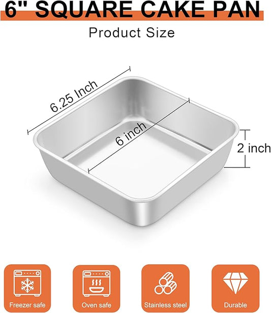 LIANYU 6 Inch Square Baking Cake Pan, Stainless Steel Lasagna Brownie Bread Pan, Perfect for Birthday Party Wedding, Oven & Dishwasher Safe