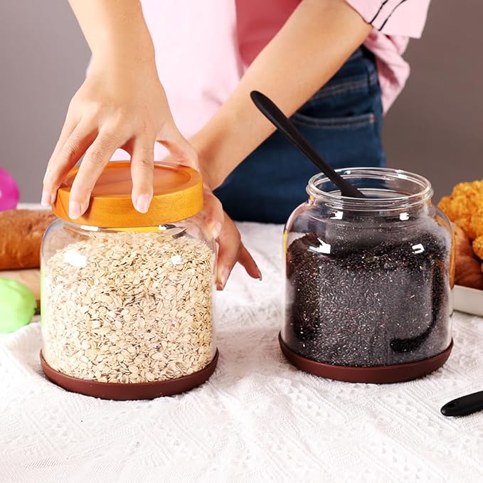 SAIOOL Large Capacity Screw Glass Food Storage Jars (Set of 2) - Diam 15cm x H16cm 2000ML Kitchen Canisters for Flour, Rice, Pasta, Leakproof Design with Yellow Wood Lid & Accessories