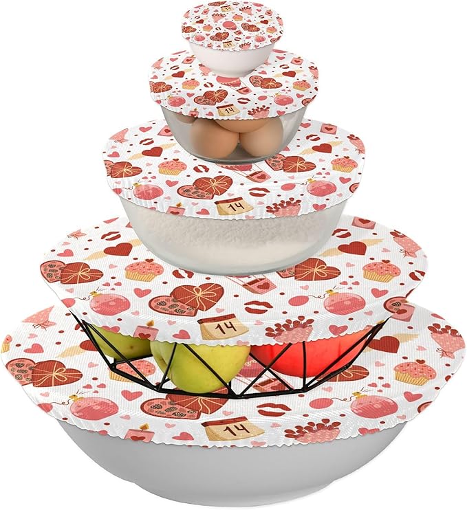 5 Pcs Bowl Covers Reusable in 5 Size Elastic Food Cover Cloth Lids Fresh Keeping Dish Cookware Bakeware Fabric Covers Lids for Food Leftovers Fruits Storage Valentine Romantic Love Flowers