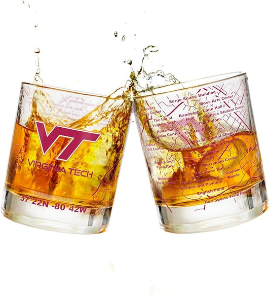 Greenline Goods – Virginia Tech University Hokies College Whiskey Glasses (Set of 2), 10 oz – Full-Color Logo + Campus Map