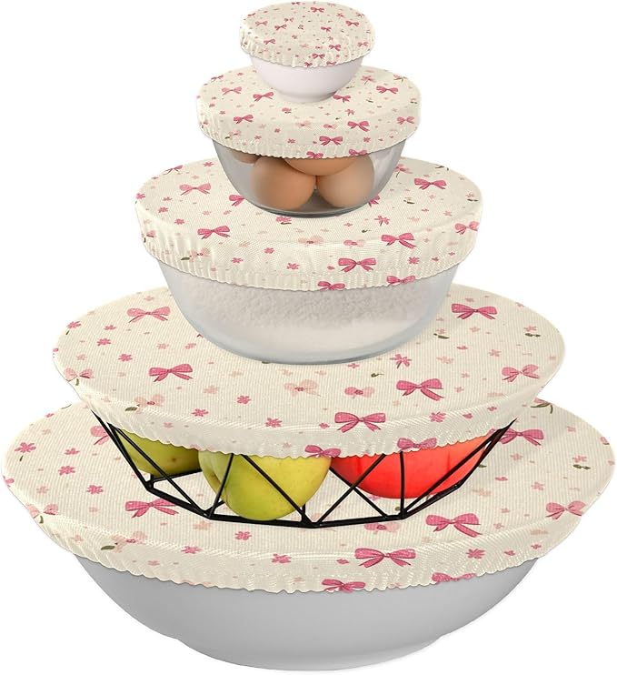 5 Pcs Bowl Covers Reusable in 5 Size Elastic Food Cover Cloth Lids Fresh Keeping Dish Cookware Bakeware Fabric Covers Lids for Food Leftovers Fruits Storage Beige Flower Pink Bows