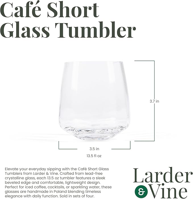 Larder & Vine Crystalline Glassware Tumbler Set, Artisan Drinkware for Cocktails, Water, Whiskey or Spirits, Handmade in Poland (Cafe Short)