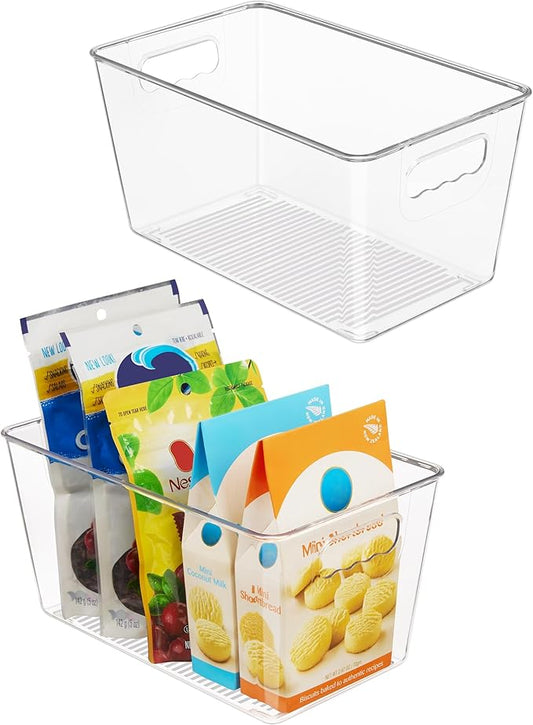 Vtopmart Clear Plastic Pantry Organizer Bins, 2 PCS Food Storage Bins with Handle for Refrigerator, Fridge, Cabinet, Kitchen, Countertops, Cupboard, Freezer Organization and Storage, BPA Free, Medium