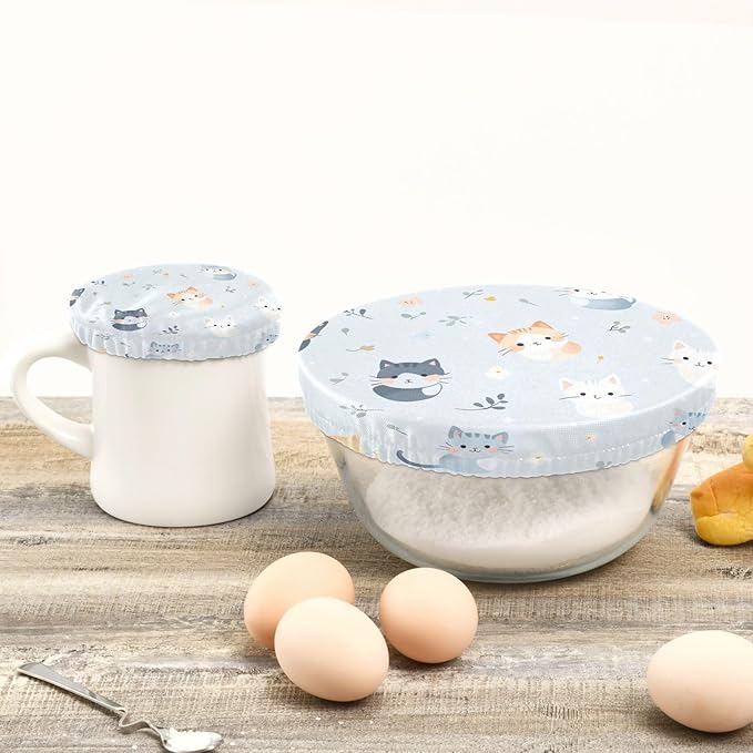 5 Pcs Bowl Covers Reusable in 5 Size Elastic Food Cover Cloth Lids Fresh Keeping Dish Cookware Bakeware Fabric Covers Lids for Food Leftovers Fruits Storage Blue Cats Flowers