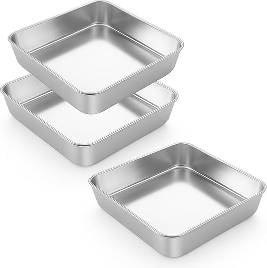LIANYU 9 x 9 Inch Square Baking Cake Pan Set of 3, Stainless Steel Brownie Bread Cake Molds, Square Bakeware for Lasagna Pie, Oven & Dishwasher Safe
