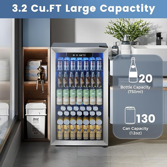 Mini Fridge 130 Can Beverage Refrigerator Cooler, 3.2 Cu.Ft Drink Fridge forSoda Wine Beer, Digital Temperature Control Cooler for Home, Dorm, Bar