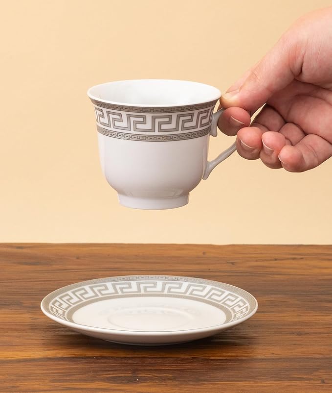 Luxurious Porcelain Tea Set - 8 Piece Vintage Tea Party Set - White with Silver Greek Key Design - 5.5 Inch Saucers, 6.5 oz Cups - For Every Day Use or Formal Occasions (Meander Silver 3008, 8 Piece)