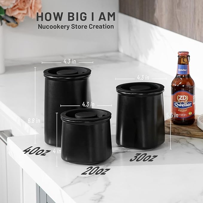 Nucookery Canisters Sets for the Kitchen Countertop, 3 Pcs Ceramic Jar with Silicone Lid, 40oz, 30oz, 20oz Food Storage Containers for Flour, Sugar, Coffee, Grains,Tea, Cookies, Dry Food Organization