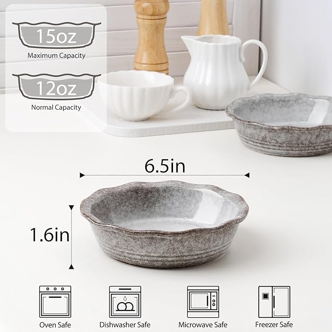NUTRIUPS Small Pie Pans Set of 2, 6.5 Inch Ceramic Mini Pot Pie Baking Dishes, Oven Safe (6.5in, Grey, 2PCS)