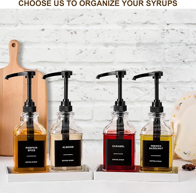 Coffee Syrup Dispenser Set, 4 Glass Bottles with Pump, Black, 16.9 oz, 500 ml
