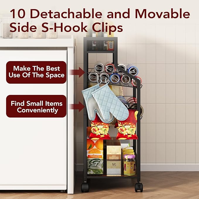 Can Organizer for Pantry - Rolling Snack Cart, Multi-Layer Soda Can Organizer for Pantry, Mobile Beverage Storage Rack with Wheels, Versatile Metal Shelf for Kitchen and Office, Black Brown