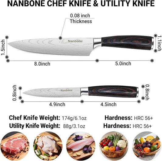 2 Pcs Kitchen Knife Set 8 Inch Chef Knife Paring Kitchen Utility Knife 5 Inch, Asian Chefs Knife for Home and Kitchen with Ergonomic Handle High Carbon Stainless Steel knife Chef Cooking Gift