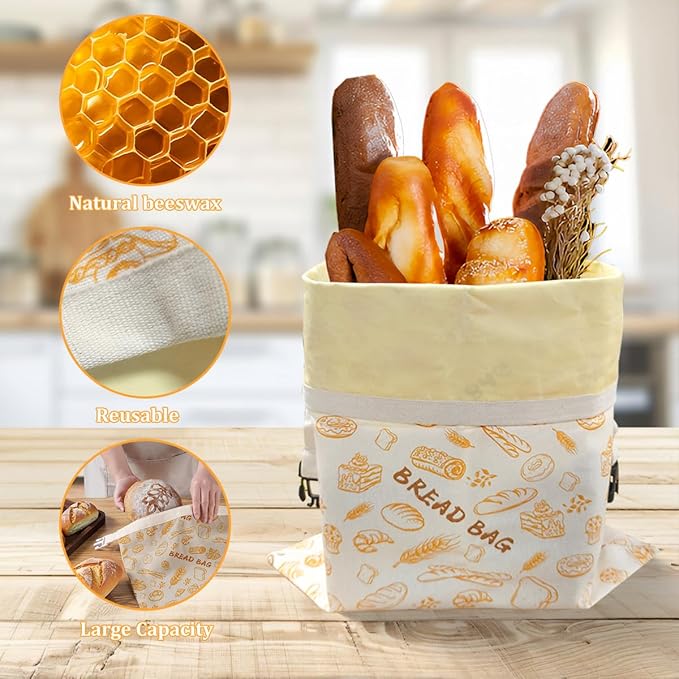 2pcs Reusable Bread Bags for Homemade, Organic Beeswax Cotton Bag with with Lining & Zipper, Sourdough Food Storage Bags, for Freezer-Friendly & Freshness Preservation