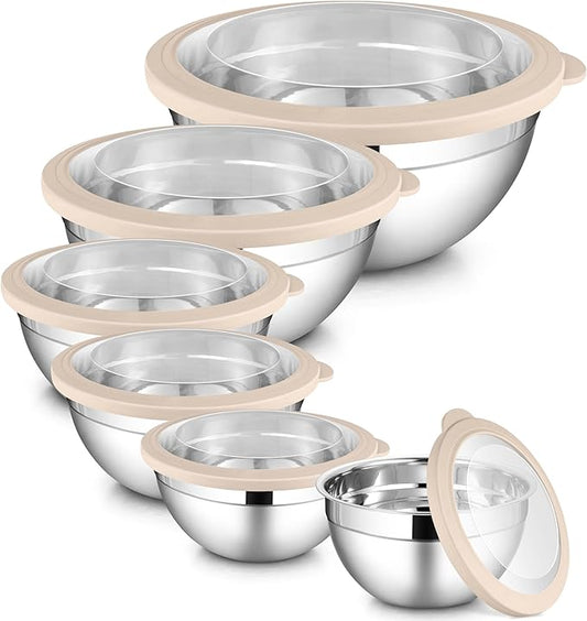 LIANYU Mixing Bowls with Visible Airtight Lids Set, 6Pcs Stainless Steel Kitchen Metal Nesting Bowls, Large Size 7, 3.5, 2.5, 2, 1.5, 1QT for Cooking, Baking, Serving, Dishwasher & Freezer Safe, Khaki