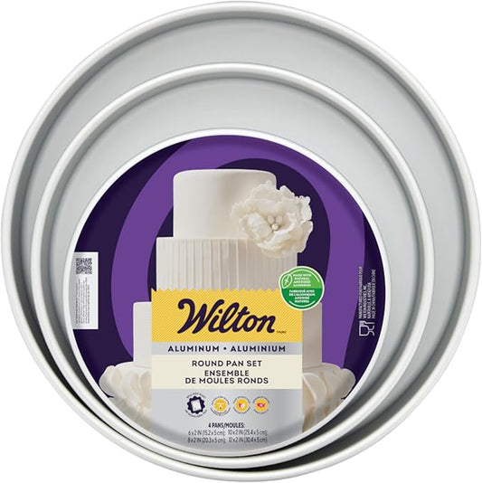 Wilton Aluminum Round Cake Pan Set, 4-Piece for Layered Cakes,Durable, Even Heating, Rust-Resistant, Professional Bakeware, 8, 10, 12 in., Package May Vary