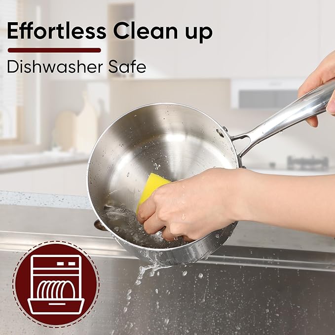 2 Quart Saucepan with Lid, Homikit 2QT Tri-Ply Stainless Steel Sauce Pan with Ergonomic Handle, Heavy Bottom Small Pot for Kitchen Cooking, Compatible with All Cooktops for Boiling Eggs Warming Milk