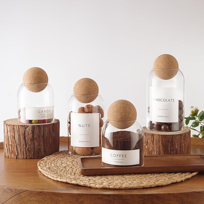 Coffee Sugar Tea Container Set, 3 Pack Glass Jars with Cork Lids, Apothecary Jars with Tray for Bathroom, Decorative Qtip and Cotton Ball Holder, Cute Display Jars for Coffee Bar (27oz)