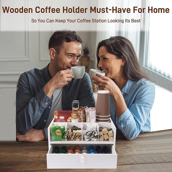 2-Tier Coffee Bar Organizer with Clear Acrylic Top, Built-in Drawer and Leather Handle Pull for Countertop, Stylish Coffee Station Storage Box for Accessories, Pods, Great Gifts for Home