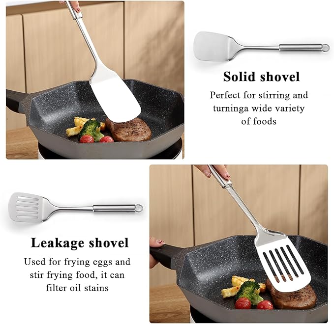 Stainless Steel Cooking Utensils Set 4 Pieces, Kitchen Tools Set Include Metal Spatula Set, Kitchen Skimmer, Soup Ladle, Kitchen Gadgets Essentials New Home Must Have