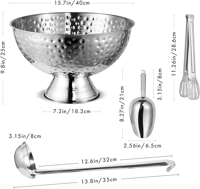 12L Hammered Large Ice Bucket for Parties - 16"x16"x10" Huge Punch Bowl with Ladle - Stainless Steel Bucket for Cocktail Bar - Lightweight Champagne Bucket with Scoop