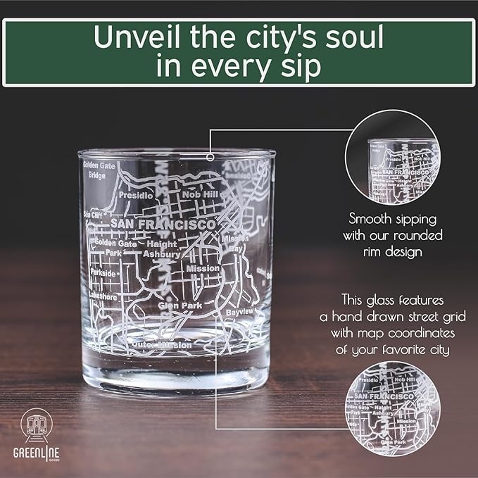 Greenline Goods Whiskey Glasses - 10 Oz Tumbler Gift Set for San Francisco lovers, Etched with San Francisco Map | Old Fashioned Rocks Glass - Set of 2
