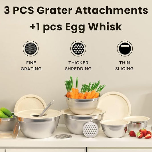 Mixing Bowls with Lids Set 10pcs | Stainless Steel Mixing Bowls with Graters and Egg Whisk,Nesting Bowls Set for Baking, Cooking, Meal Storage(1.2QT-5.5QT)