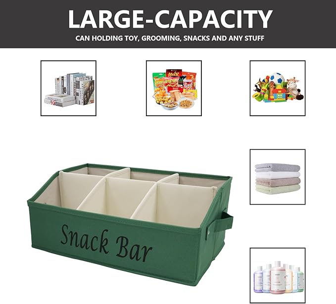 Snack Organizer for Countertop, Fabric Snack Bar Station with Handles, 6 Compartment Container, Kitchen Pantry Storage and Organizer, Green