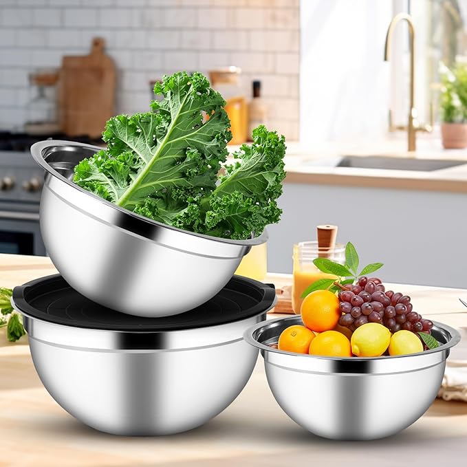 Mixing Bowls with Airtight Lids Set of 3, Stainless Steel Mixing Bowls, Nesting Salad Bowl for Prepping, Serving, Cooking, Kitchen, 4.5/2.5/1.5QT, Black