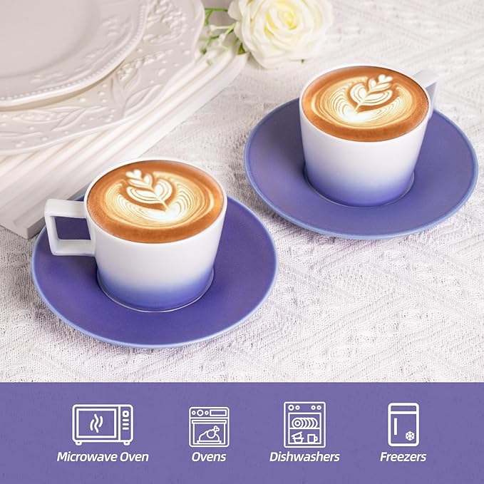 KAMMAK Porcelain Espresso Cups with Saucers, Ceramic Coffee Cups and Saucers Set of 2, Handcrafted Cappuccino Cup with Saucer for Tea Party, Holiday, Office, Gifts (Gradient Purple, 7oz)