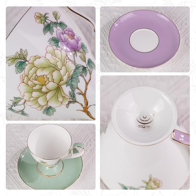KAMMAK Ceramic Tea Cup and Saucer Set with Gold Trim, 240ml Floral Pattern Elegant Bone China Coffee Cup Set with Purple & Mint Green Saucers for Afternoon Tea, Gift for Women