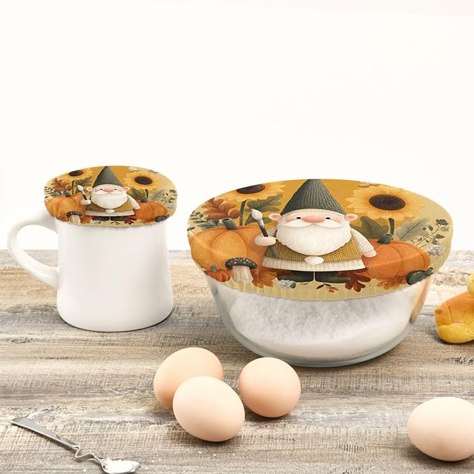 5 Pcs Bowl Covers Reusable in 5 Size Elastic Food Cover Cloth Lids Fresh Keeping Dish Cookware Bakeware Fabric Covers Lids for Food Leftovers Fruits Storage Fall Gnome Pumkin Sunflowers Tha