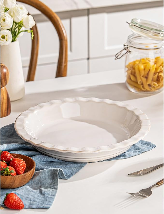 Ceramic Pie Pans for Baking 9 inch, 45 OZ Deep Dish Pie Pan, Quiche Baking Dish for Oven, Farmhouse Decor Pie Plate, Oven Safe, Set of 1, Off-White