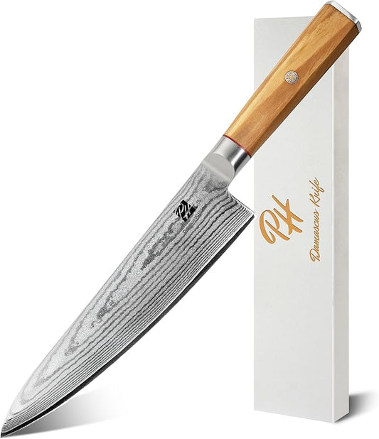 Damascus Chef Knife, 8 Inch Damascus Japanese Chef's Knife with VG10 High Carbon Steel, Professional Kitchen Knife with Olive Wood Handle & Gift Box, Sharp Cooking Knives for Home Kitchen Gift Idea