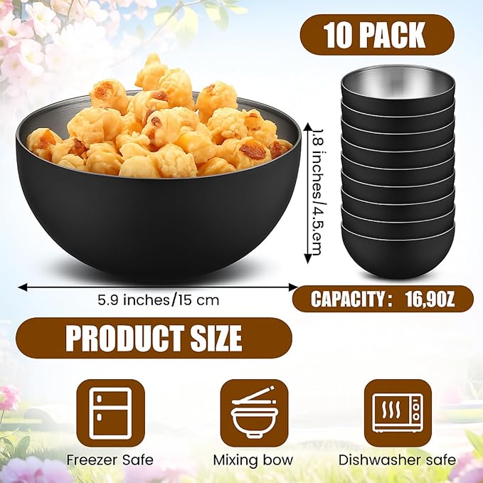 Nuogo 10 Pcs Stainless Steel Mixing Bowls Decorative Esthetician Bowls for Thanksgiving Christmas First Holy Communion Wedding Baking Prepping Serving Facial Salad Fruit Candy(5.9 Inch,Black)