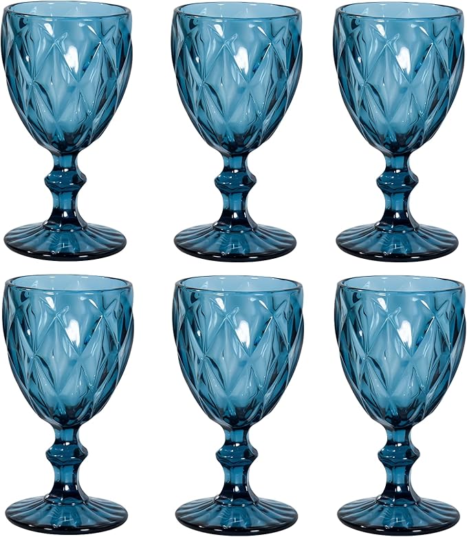 Vintage Wine Glasses Set of 6, 12 OZ Colored Glass Water Goblets, Embossed Floral Decorative Crystal Glass Cups Set, Dishwasher Safe, for Wedding, Party, Red Wine Glass, Bars, Restaurants