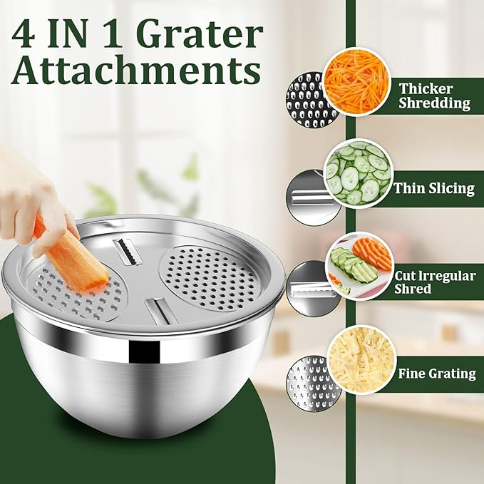 Mixing Bowls with Lids Set, 16PCS Stainless Steel Mixing Bowls,Nesting Storage Bowls for Kitchen with Mixing Bowl, Colander, Strainer & Grater, Metal Salad Bowl for Kitchen Gadgets, Black