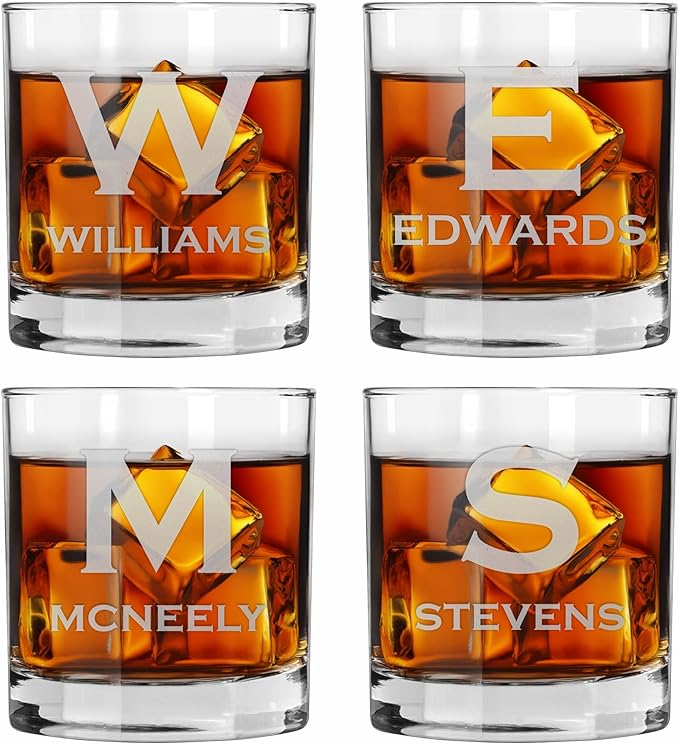 Blue Ridge Mountain Gifts - Custom Engraved Whiskey Glass - 11 oz Personalized Tumbler with Modern Monogram & Last Name - Classic Barware for Weddings, Groomsmen, Anniversaries & Father’s Day (4)