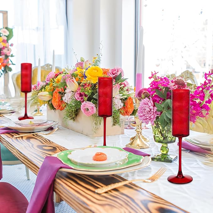 24 Pieces Red Champagne Flutes,6 OZ Twill Pattern Striped Vintage Stem Glasses Stemware Wine Glasses Champagne Long Stem Drinking Colored Glasses Goblets for Wedding Cocktail Cups,Cava, Prosecco