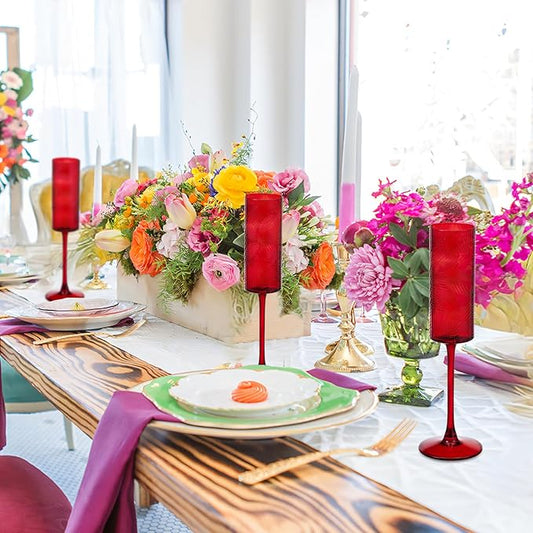 24 Pieces Red Champagne Flutes,6 OZ Twill Pattern Striped Vintage Stem Glasses Stemware Wine Glasses Champagne Long Stem Drinking Colored Glasses Goblets for Wedding Cocktail Cups,Cava, Prosecco