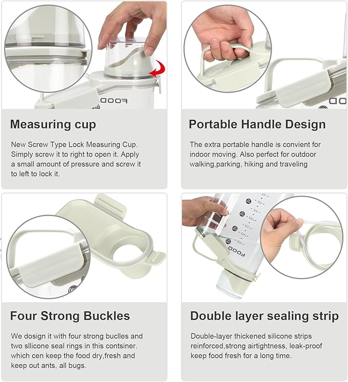 3-5 LBS Dog Food Storage Container Upgraded Large Nozzle BPA-free, Plastic Pet Food Storage Containers, With 4 Sealed Clasps, 1 Measuring Cup and Handle (2,Beige, 3L)