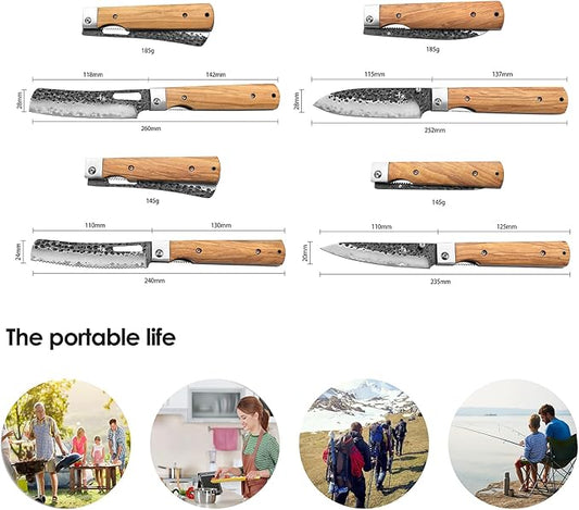 SENBON Forged 440A Stainless Steel Gift wrapped 4 piece set sharp pocket folding chef knife universal peeling bread knife set portable kitchen knives with natural olive handle