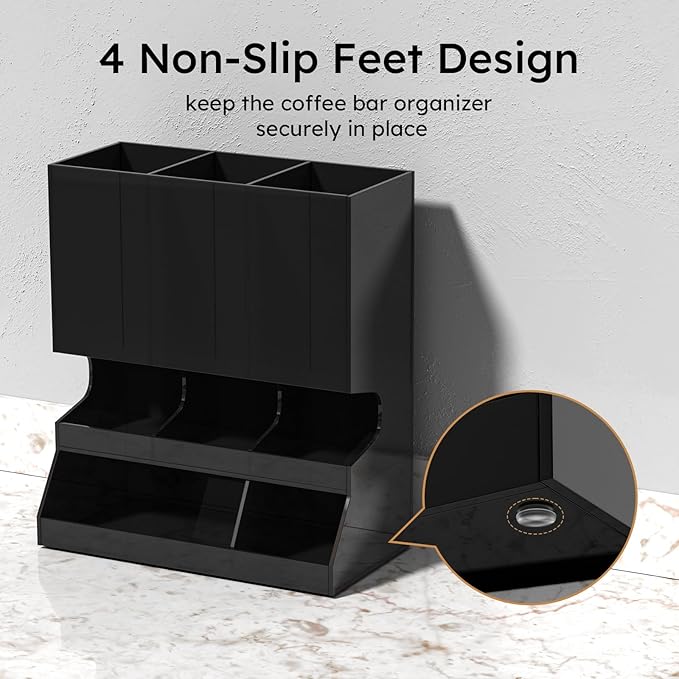 AITEE Modern Black Acrylic Coffee Pod Holder, 3-Compartment Dispenser Organizer for 30 K Cups, Sleek Smudge-Proof Design, Countertop Rack for Kitchen, Breakroom, Pantry, 8.9" L x 4.6" W x 10.2" H