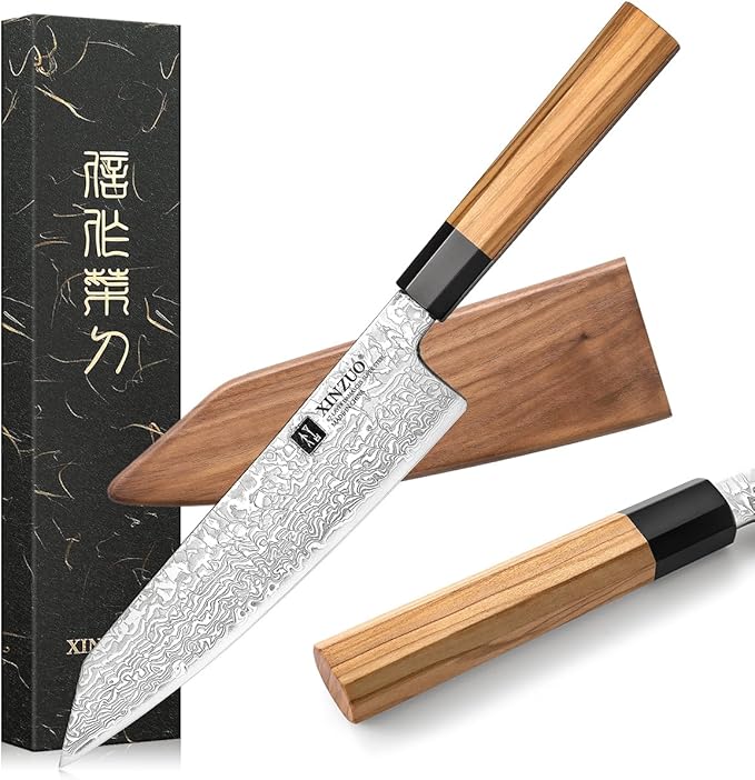 XINZUO 8.5 Inch Japanese Kiritsuke Chef Knife with Sheath, Hand Forged 67 Layers Damascus Steel Kitchen Knife, Ultra Sharp, Japanese Chopping Knife with Olive Wood Octagonal Handle