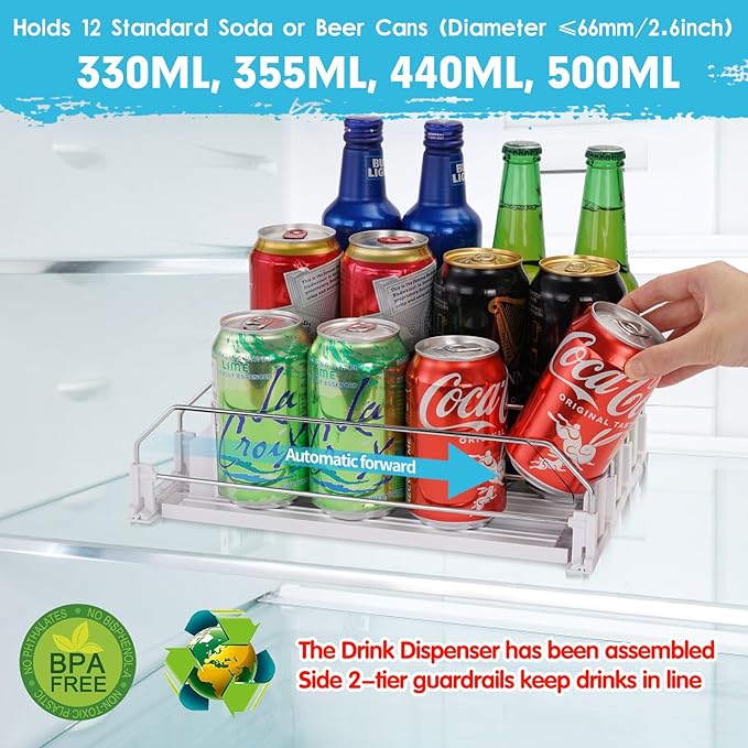 Automatic Soda Can Organizer for Refrigerator Can Dispenser for Beer Soda Seltzer Drink Pop Can Holder Self-Pushing Drink Organizer for Fridge Storage 12 cans of 11.15oz 12oz 16oz 16.9oz