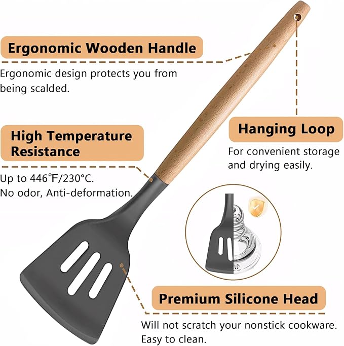 Kitchen Cooking Utensils Set, 6Pcs Silicone Kitchen Utensils Set Spatula Spoon Soup Ladle Turner, Heat Resistant Wooden Handle Silicone Cooking Gadgets for Nonstick Cookware & Baking BPA FREE