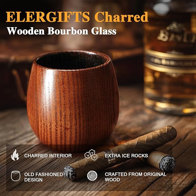 Charred Wooden Bourbon Drinking Glass- Bourbon Gifts for Men, Handcrafted Whiskey Glasses, Wooden Old Fashioned Glass,Unique Whiskey Gifts for Men, Dad, Husband or Bourbon Lovers (1 Pack)