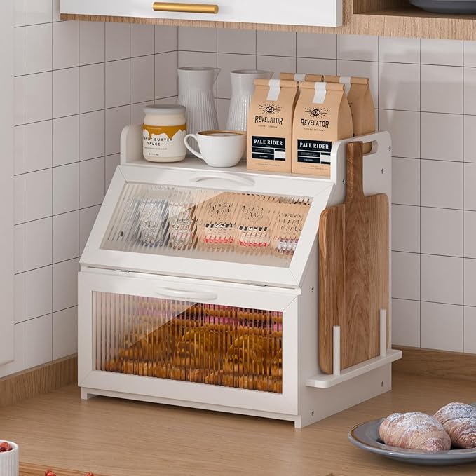 Bread Box, Bread Box for Kitchen Countertop, Large Bread Storage Container for Homemade Bread, Wooden Farmhouse Breadbox Organizers, Double Layer Bread Bin with Acrylic Window Bread Holder,White