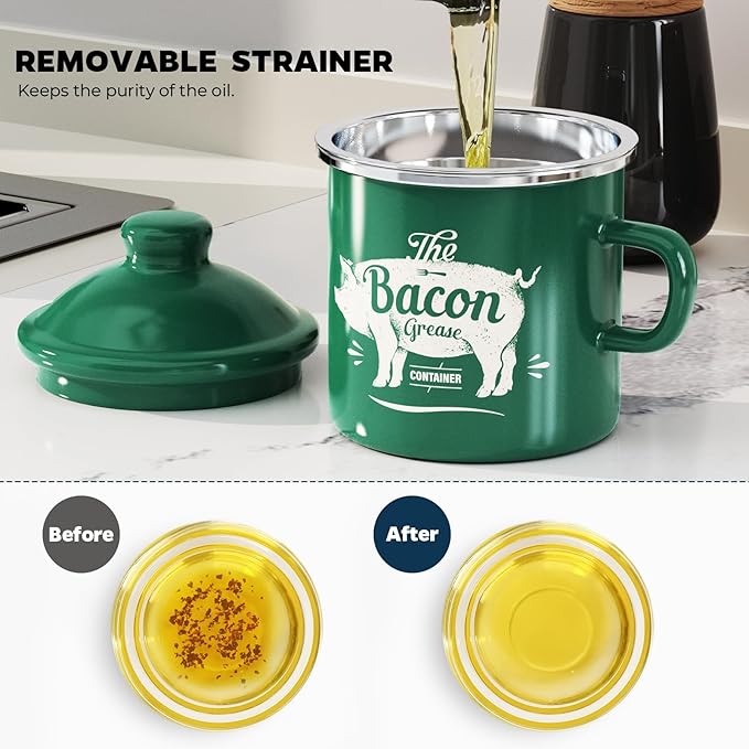 PGYARD Mini Bacon Grease Container With Strainer - 15OZ Enamel Grease Saver, Farmhouse Bacon Grease Keeper For Kitchen Fat Storage, Dishwasher Safe-Green